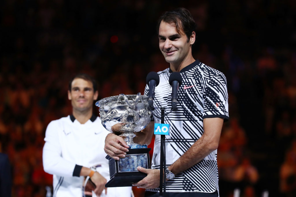 Roger Federer celebrates after winning the 2017 Australian Open