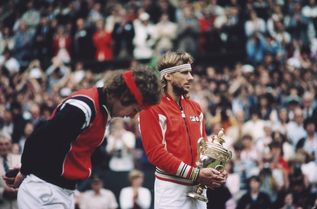 Bjorn Borg stands with the Wimbledon trophy after beating John McEnroe in the 1980 final.