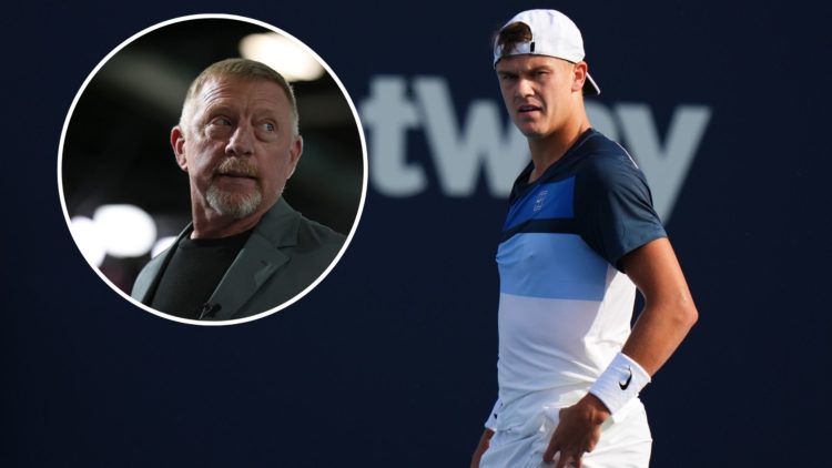 Holger Rune of Denmark looks on against Reilly Opelka of the United States during their match on day 5 at Hard Rock Stadium with an inset of Boris ...