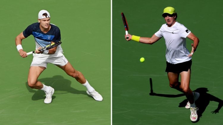 Split image of Holger Rune (DEN) waits for the ball during an ATP tennis match played on March 11, 2025 during the BNP Paribas Open played at the I...