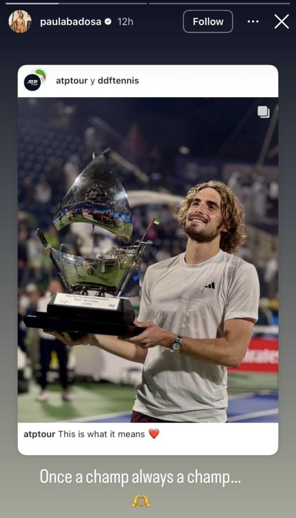 Paula Badosa reacts after Stefanos Tsitsipas wins the Dubai Tennis Championships in a story post on Instagram.