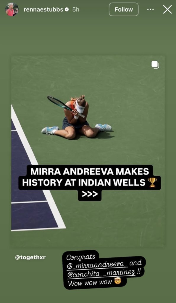 Rennae Stubbs congratulates Mirra Andreeva and Conchita Martinez on their Indian Wells victory.