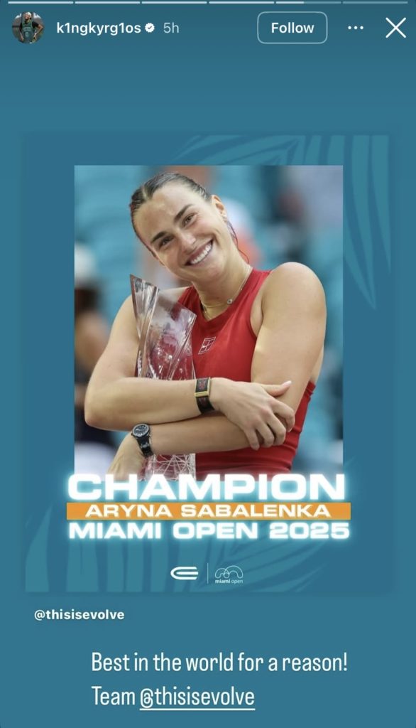 Nick Kyrgios reacts to Aryna Sabalenka beating Jessica Pegula to win the Miami Open title.