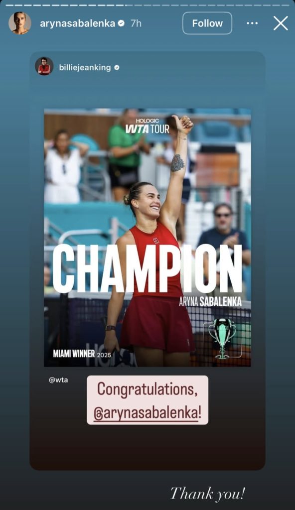 Aryna Sabalenka thanks Billie Jean King for congratulating her after she beats Jessica Pegula to win the Miami Open.