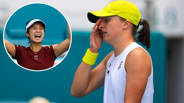 Iga Swiatek of Poland reacts while playing against Alexandra Eala of the Philippines in the quarter-final on Day 9 of the Miami Open with an inset ...