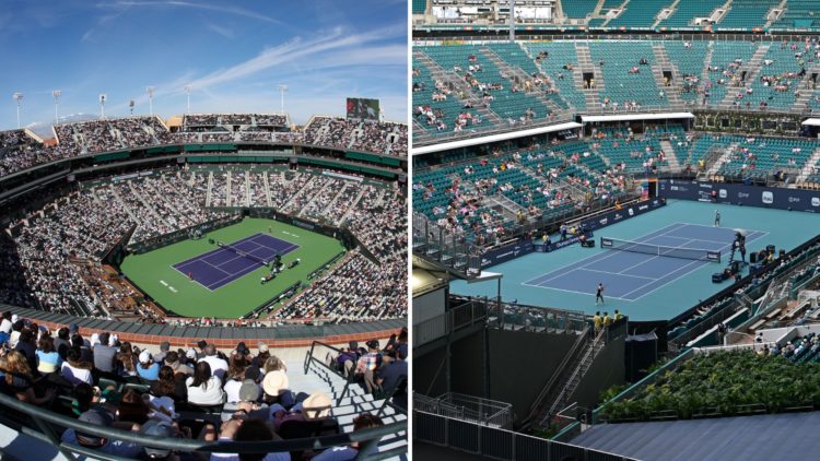 Split image of the Indian Wells stadium and the Miami Open stadium