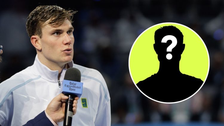 Jack Draper of Great Britain speaks to the media against Andrey Rublev of Russia during the Qatar ExxonMobil Open. Inset, a mystery player.