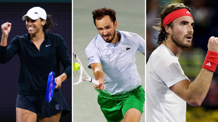 Three way split of Madison Keys of the United States in action during the Eisenhower Cup ahead of the BNP Paribas Open at Indian Wells Tennis Garde...