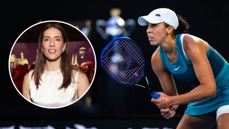 Madison Keys of the United States in action against Aryna Sabalenka of Belarus in the womens final on Day 14. Inset, Andrea Petkovic.