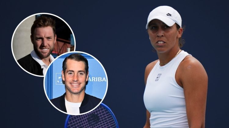 Madison Keys of the United States looks on against Alexandra Eala of the Philippines during their match on day 6 at Hard Rock Stadium. Inset, Jack ...