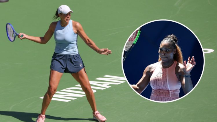 Madison Keys of the United States hits a forehand during the BNP Paribas Open at Indian Wells. Inset, Serena Williams of the United States gestures...