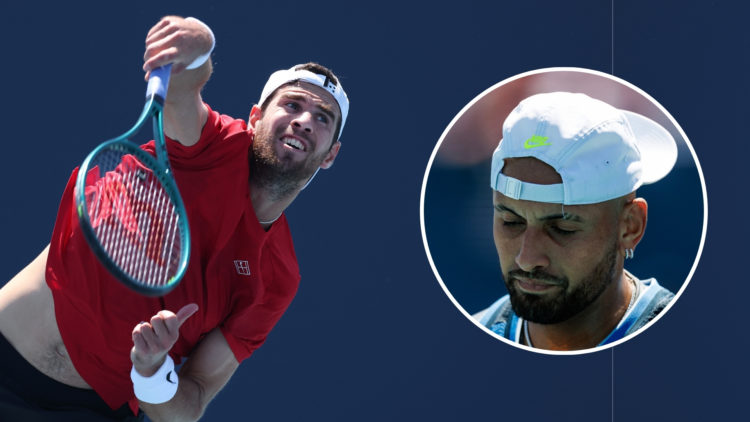 Image of Karen Khachanov serves against Nick Kyrgios of Australia during Day 4 of the Miami Open with an inset of Nick Kyrgios looking dejected dur...