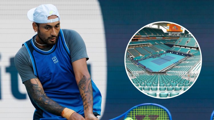 Nick Kyrgios of Australia hits a backhand against Mackenzie McDonald of the United States in the first round of the men's singles in the Miami Open...