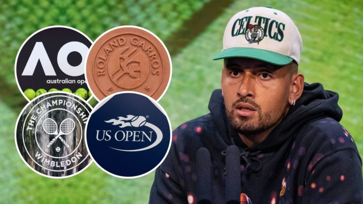 In this handout from the AELTC, Nick Kyrgios of Australia speaks to the media in a pre-tournament press conference in the Media Theatre in the Broa...