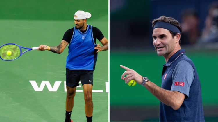 Split image of Nick Kyrgios of Australia hits a forehand against Botic Van de Zandschulp of the Netherlands in the first round of the BNP Paribas O...