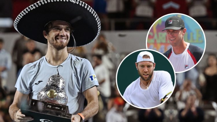 Czech Republic's Tomas Machac holds up the trophy after beating Spain's Alejandro Davidovich Fokina. Inset, Sam Querrey and Jack Sock.