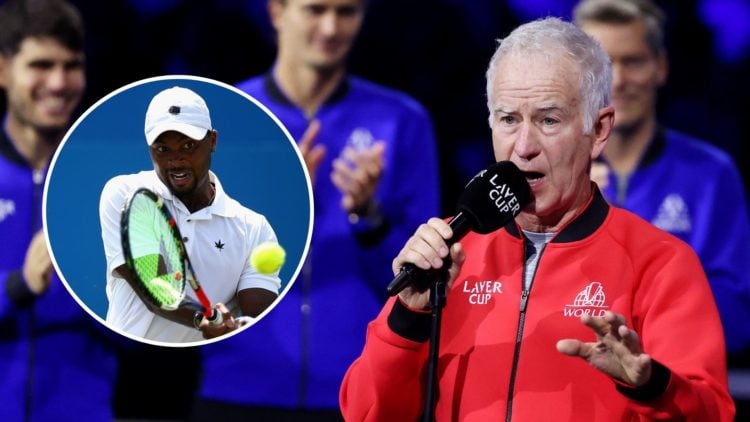 John McEnroe, Captain of Team World, speaks to the crowd during the trophy ceremony after Team Europe wins the Laver Cup 2024 on day three of the L...