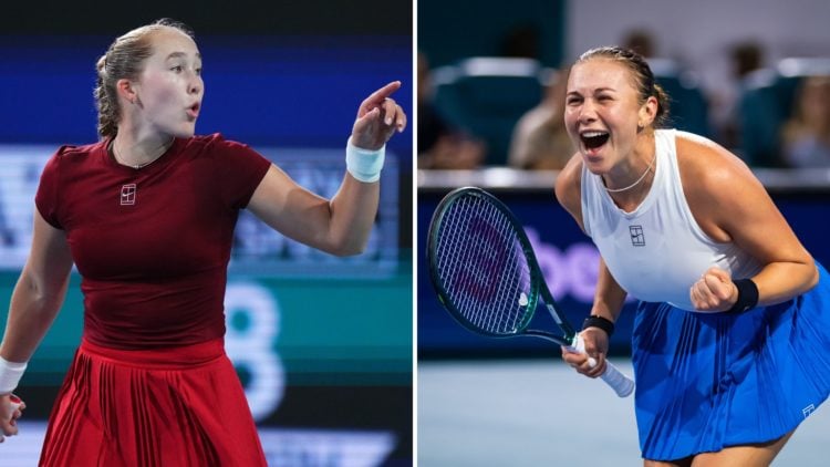 Split image of Mirra Andreeva reacts during her match against Amanda Anisimova of the United States during their match on day 6 at Hard Rock Stadiu...