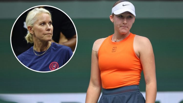 Mirra Andreeva looks across the net during the BNP Paribas Open with an inset of Rennae Stubbs looks on during the Women's Singles First Round matc...