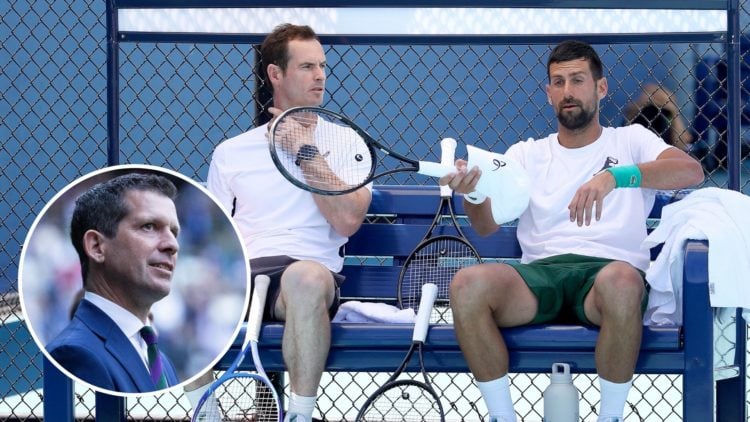 Novak Djokovic of Serbia and his coach Andy Murray during a practice session on Day 3 of the Miami Open. Inset, Tim Henman.