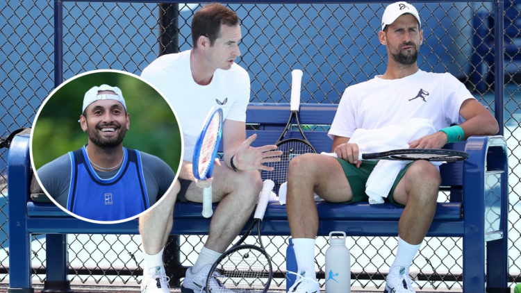 Image of Novak Djokovic and his coach Andy Murray during a practice session on Day 3 of the Miami Open at Hard Rock Stadium with inset of Nick Kyrgios