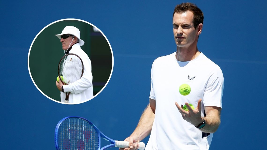 Andy Murray during a practice session at the 2025 Miami Open with an inset of Brad Gilbert during a practice session at Wimbledon 2024.