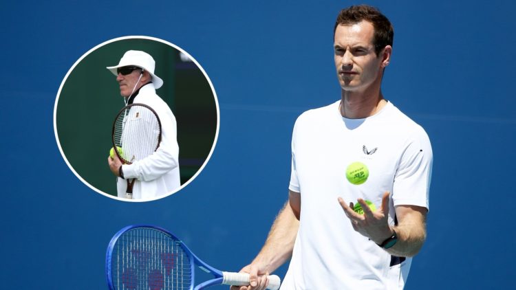 Andy Murray during a practice session at the 2025 Miami Open with an inset of Brad Gilbert during a practice session at Wimbledon 2024.