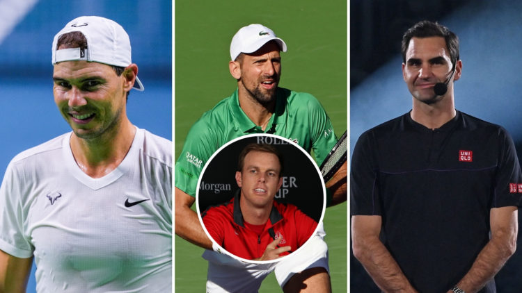 Three way split of Rafael Nadal during the Davis Cup, Novak Djokovic during an ATP tennis match and Roger Federer of Switzerland watches on, with a...