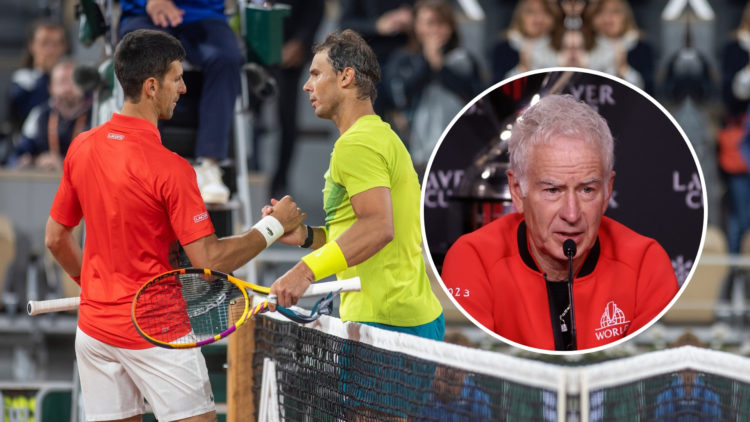 Winner Rafael Nadal of Spain is congratulated at the net by Novak Djokovic of Serbia on Court Philippe Chatrier during the singles Quarter Final ma...