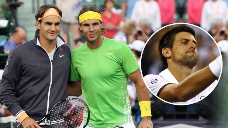 Roger Federer of Switzerland and Rafael Nadal of Spain pose for a photo at the net prior to their men's semifinal match during the Sony Ericsson Op...