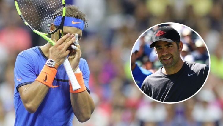Rafael Nadal of Spain reacts after missing a shot at the net at 6-6 in the fifth set tie break during his loss against Lucas Pouille of France in t...