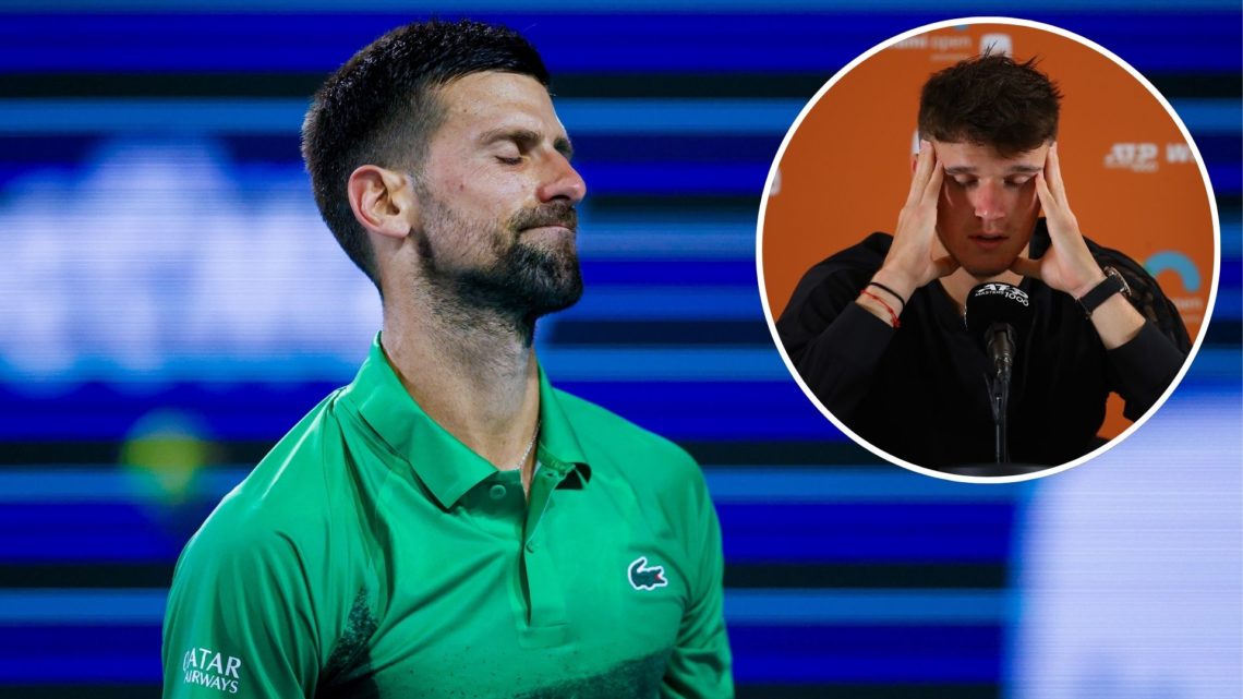Novak Djokovic reacts in the game against Jakub Mensik during the Men's Singles Final at the Miami Open with an inset of Jakub Mensik of the Czech ...