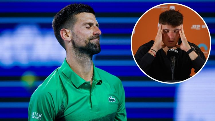 Novak Djokovic reacts in the game against Jakub Mensik during the Men's Singles Final at the Miami Open with an inset of Jakub Mensik of the Czech ...