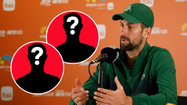 Novak Djokovic (SRB) speaks to the media after his game against Rinky Hijikata (AUS) at the Miami Open on March 21, 2025, at Hard Rock Stadium in M...