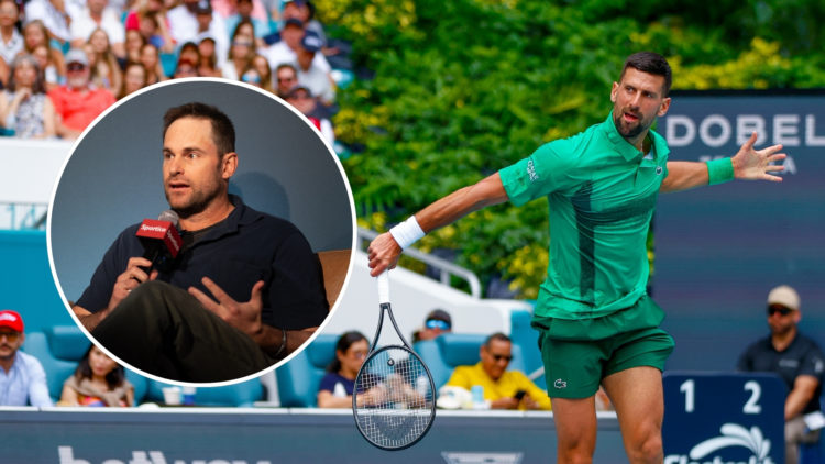 Novak Djokovic (SRB) in action during round 2 at the Miami Open against Camilo Ugo Carabelli (ARG) on March 23, 2025, at Hard Rock Stadium in Miami...