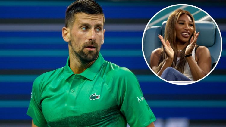 Novak Djokovic looks on during a match against Lorenzo Musetti at the Miami Open with an inset of Serena Williams watches Novak Djokovic of Serbia ...