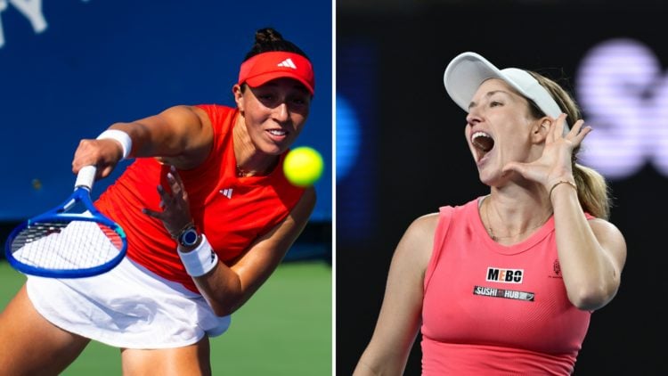Split image of Jessica Pegula of the United States in action against Linda Noskova of the Czech Republic during the third round on Day Four of the ...