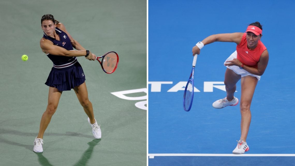 Split image of Emma Navarro of the United States plays a backhand against Sorana Cirstea of Romania in their third round match during day four of t...