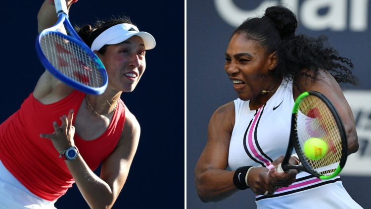 Jessica Pegula serves against Bernarda Pera during Day 4 of the Miami Open at Hard Rock Stadium, and Serena Williams of the United States in action...