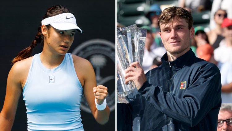 Split image of Emma Raducanu celebrating, and Jack Draper, who is holding the Indian Wells title.