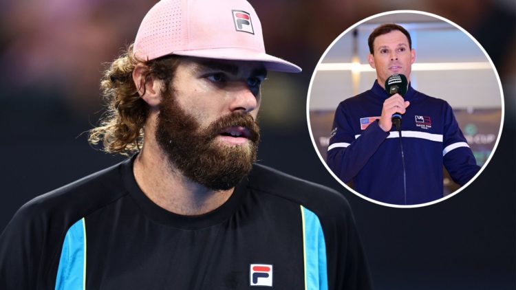 Reilly Opelka of the USA looks on in the Men’s Finals match against Jiri Lehecka of the Czech Republic during day eight of the 2025 Brisbane Intern...