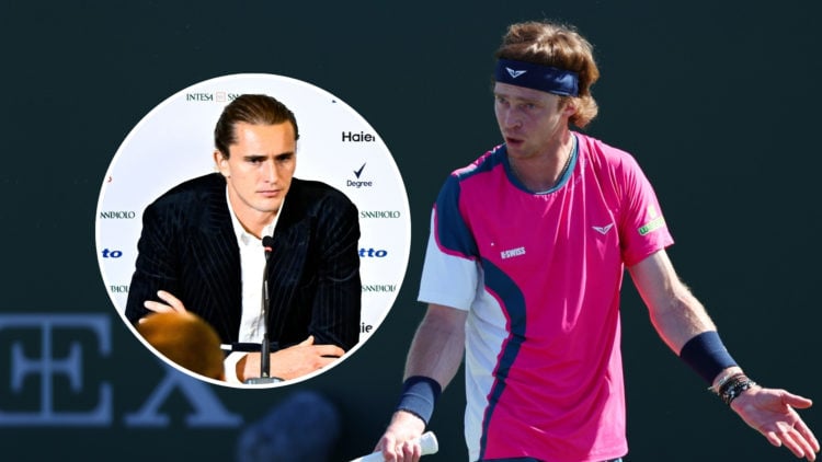 Andrey Rublev reacts against Matteo Arnaldi of Italy during round 2 of the BNP Paribas Open at Indian Wells Tennis Garden on March 08, 2025 in Indi...