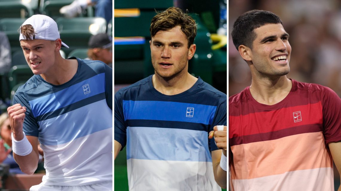 Split image of Holger Rune (DEN) reacts to a point during the BNP Paribas Open, Jack Draper of Great Britain celebrates his victory over Ben Shelto...