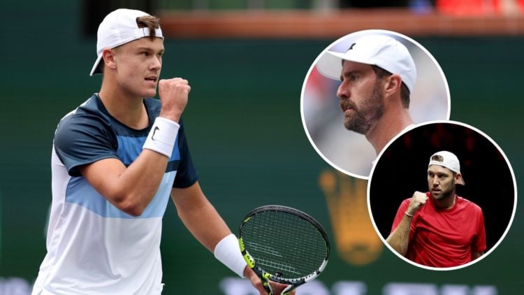 Holger Rune of Denmark celebrates a point against Stefanos Tsitsipas of Greece in their fourth round match during the BNP Paribas Open at Indian We...