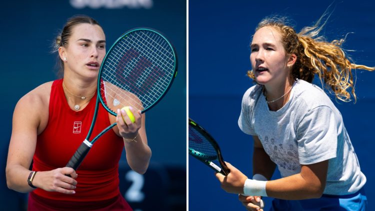 Aryna Sabalenka in action against Viktoriya Tomova of Bulgaria in the second round on Day 3 of the Miami Open, and Mirra Andreeva during practice o...