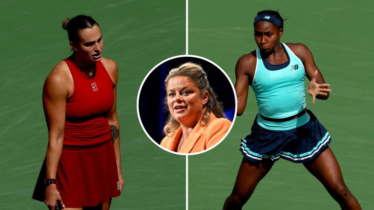 Split image of Aryna Sabalenka reacts while playing Mirra Andreeva during the women's final of the BNP Paribas Open at Indian Wells Tennis Garden o...