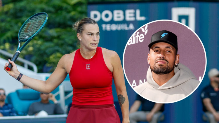 Aryna Sabalenka in action during a 2nd Round match against Viktoriya Tomova (BUL) during the Miami Open on March 20, 2025, at the Hard Rock Stadium...