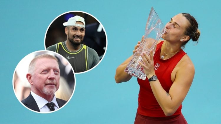 Aryna Sabalenka poses with the Butch Buchholz Trophy after defeating Jessica Pegula of the United States during the women's singles final of the Mi...
