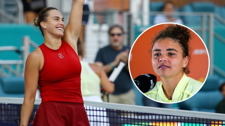 Aryna Sabalenka celebrates after defeating Jasmine Paolini of Italy in the women's semifinal. Inset, Jasmine Paolini speaks to the media during a p...