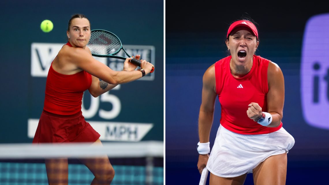 Split image of Aryna Sabalenka returns a shot against Jasmine Paolini of Italy in the women's semifinal on Day 10 of the Miami Open at Hard Rock St...